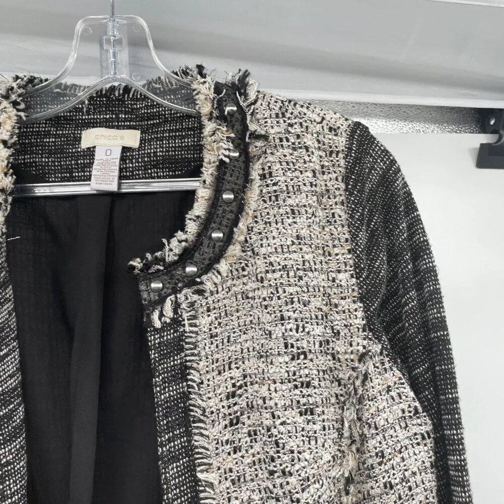 Chico's Womens Woven Open Front Jacket Frayed Multicolor Size Small Studded